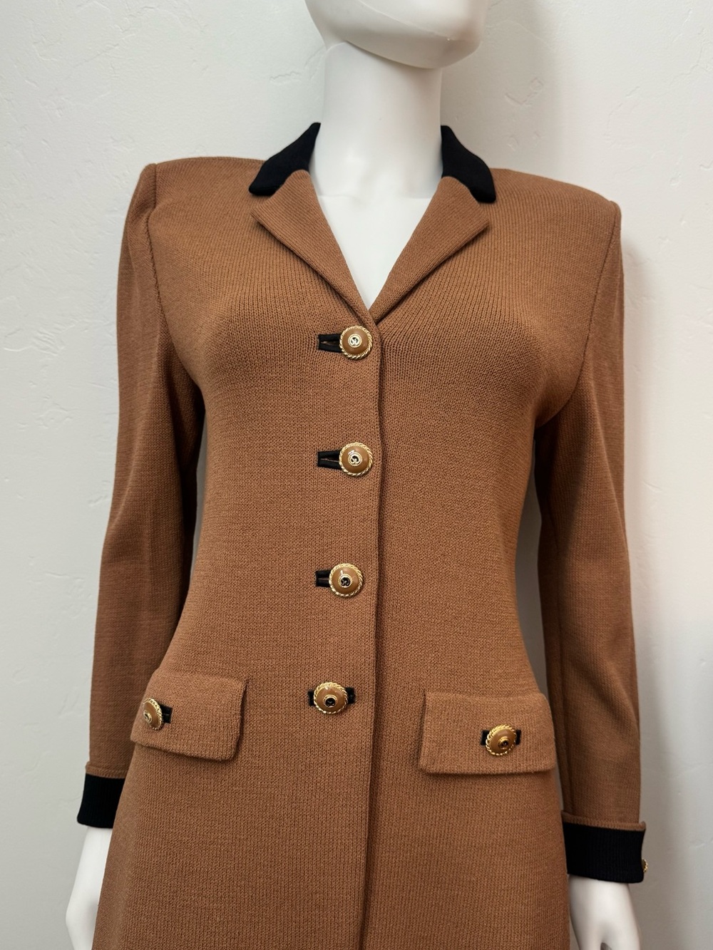 St. John Camel Knit Blazer with Black Trim & Gold Buttons